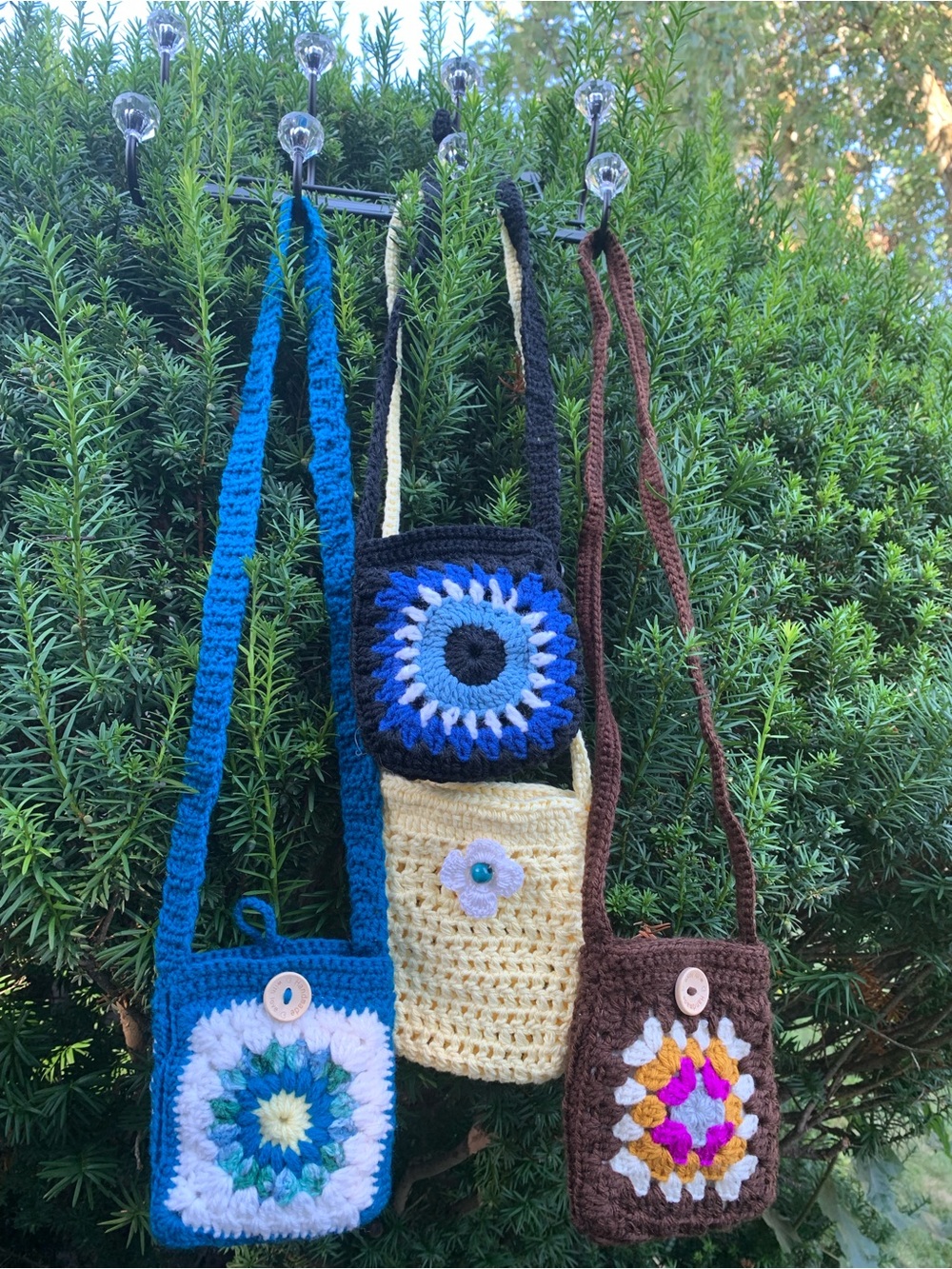 Handmade Crochet Crossbody Bag - Blue, Cream & Brown Colorways